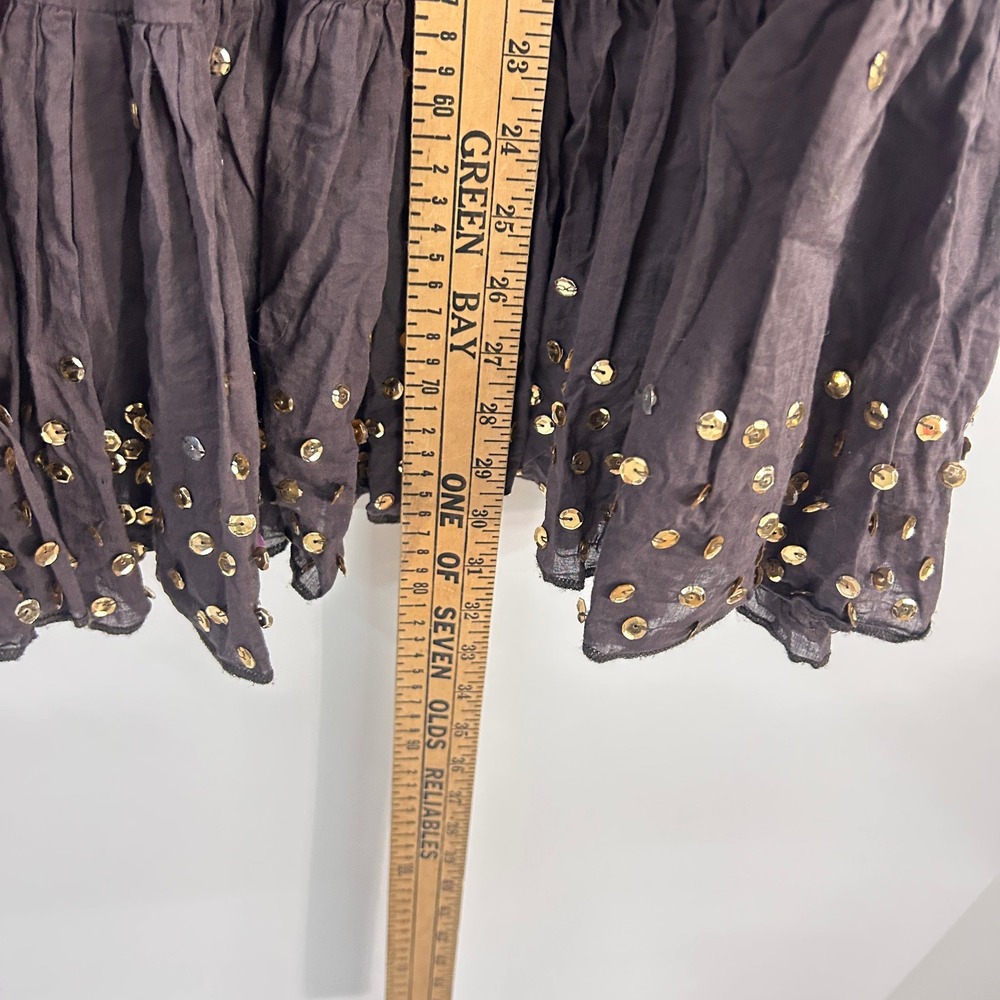 Boho Tiered Midi Skirt Small Earthy Brown Cotton Gold Sequin Fairycore Festival - Picture 6 of 10
